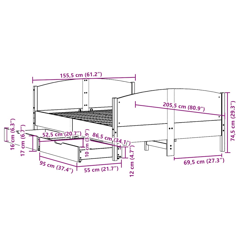 Σκελετός Κρεβατιού Χωρίς Στρώμα 150x200 εκ Μασίφ Ξύλο Πεύκου - Pakobazaar