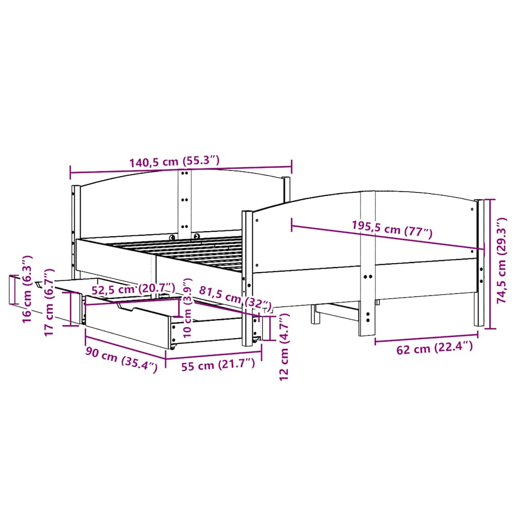 Σκελετός Κρεβατιού Χωρίς Στρώμα 135x190 εκ Μασίφ Ξύλο Πεύκου
