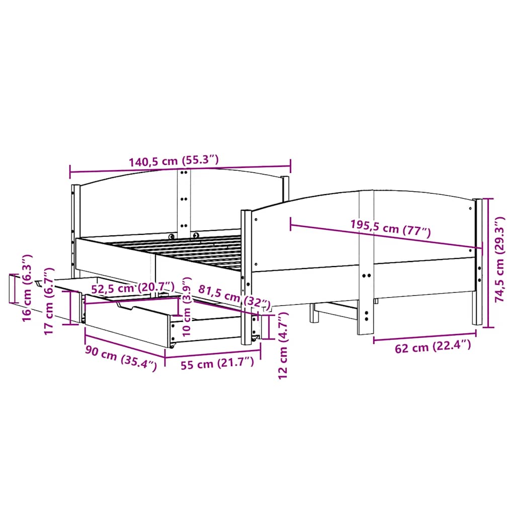 Σκελετός Κρεβ. Χωρίς Στρώμα Λευκό 135x190 εκ Μασίφ Πεύκο