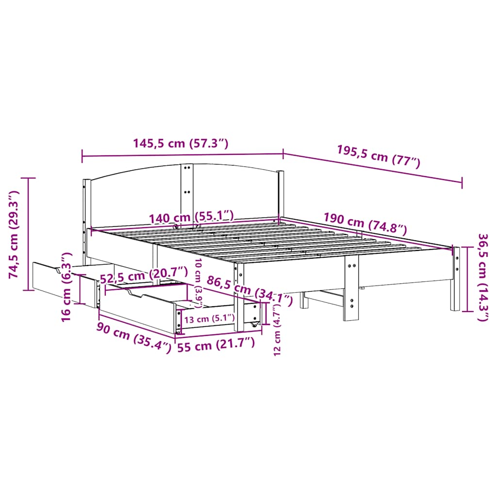 Σκελετός Κρεβατιού Χωρίς Στρώμα Καφέ 140x190 Μασίφ Ξύλο Πεύκου