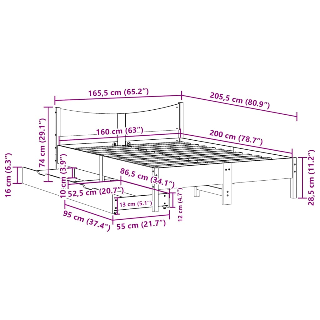 Πλαίσιο Κρεβατιού με Συρτάρια Λευκό 160x200εκ Μασίφ Ξύλο Πεύκου