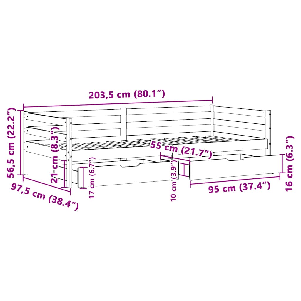 Καναπές Παιδικού Κρεβατιού με Συρτάρια Χωρίς Στρώμα Μασίφ Ξύλο