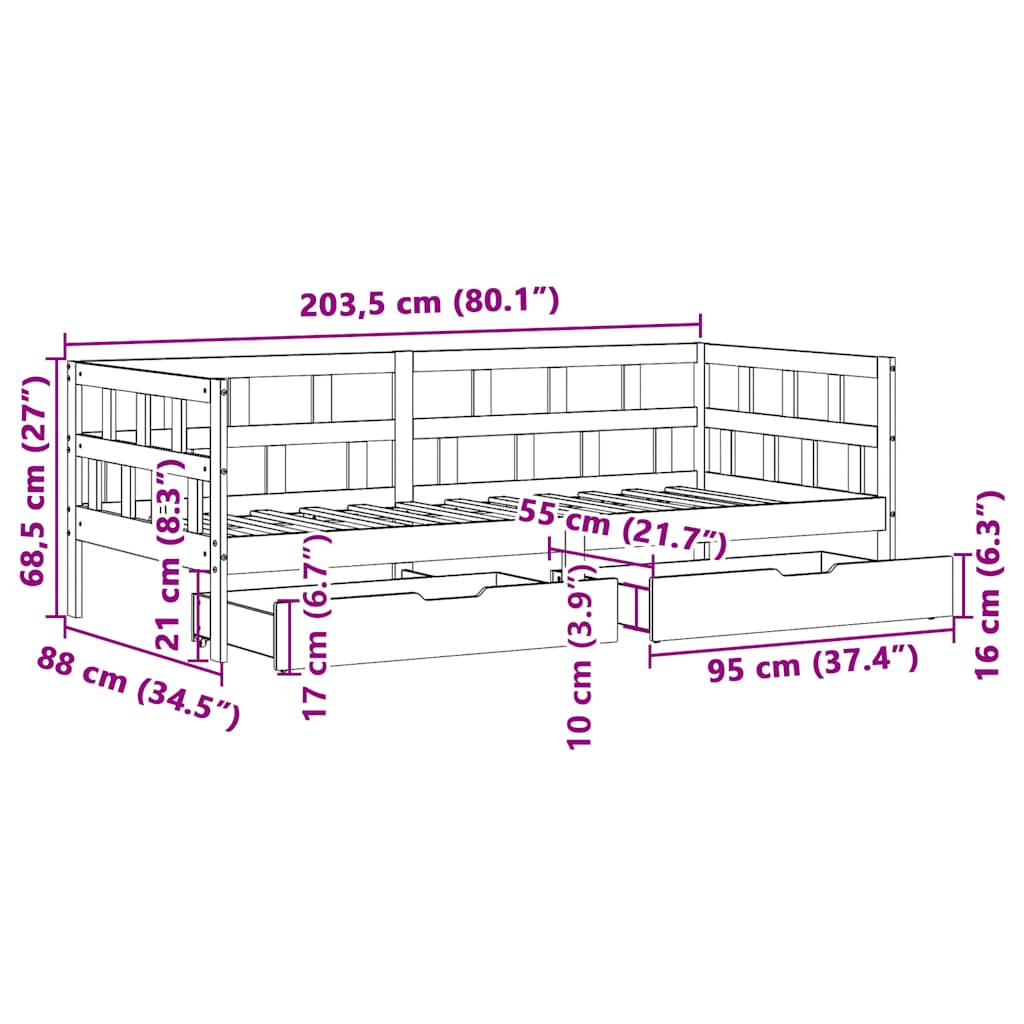 Καναπές Παιδικού Κρεβατιού με Συρτάρια Χωρίς Στρώμα Μασίφ Ξύλο