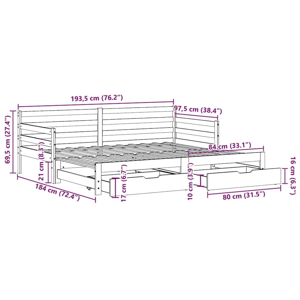Καναπές Κρεβάτι Συρόμενος Χωρίς Στρώμα 90x190 εκ. & Συρτάρια