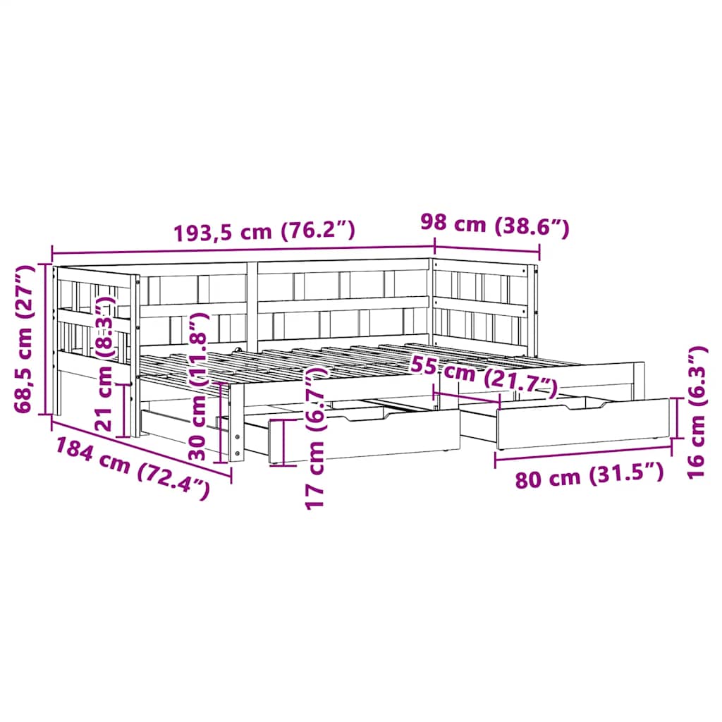 Καναπές Κρεβάτι Συρόμενος Χωρίς Στρώμα 90x190 εκ. & Συρτάρια