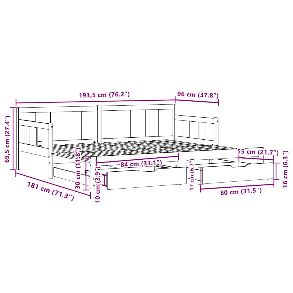Καναπές Κρεβάτι Συρόμενος Χωρίς Στρώμα 90x190 εκ. & Συρτάρια