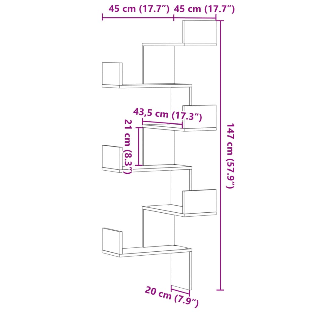 Γωνιακή Ραφιέρα Τοίχου Καπνιστή Δρυς 45x45x147 εκ Επεξ. Ξύλο - Pakobazaar
