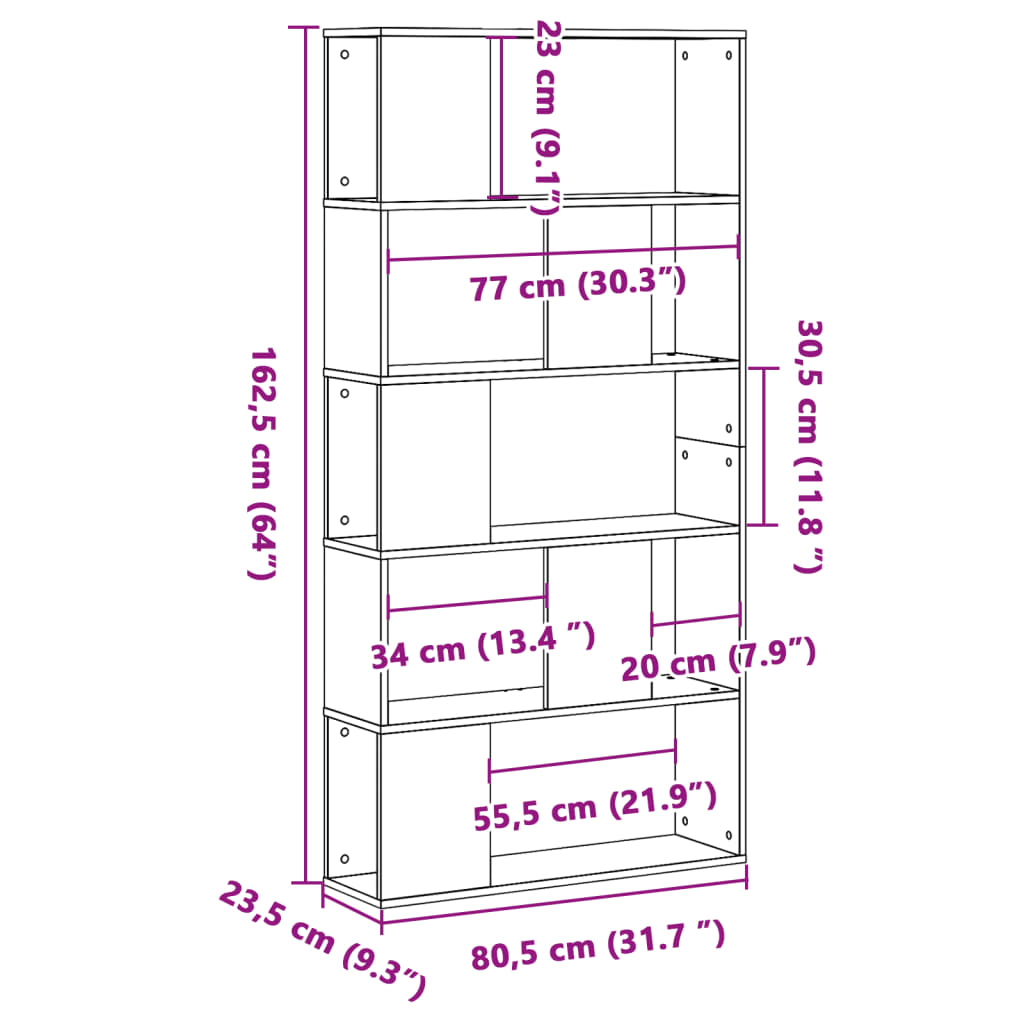 Βιβλιοθήκη 5 Επιπέδων Καφέ Δρυς 80,5x23,5x162,5εκ Επεξεργ. Ξύλο