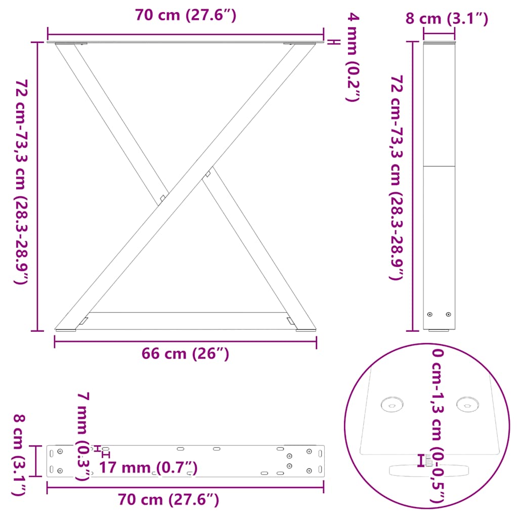 Πόδια Τραπεζαρίας 2 τεμ. από Φυσικό Ατσάλι 70x(72-73,3) εκ. Ατσάλι