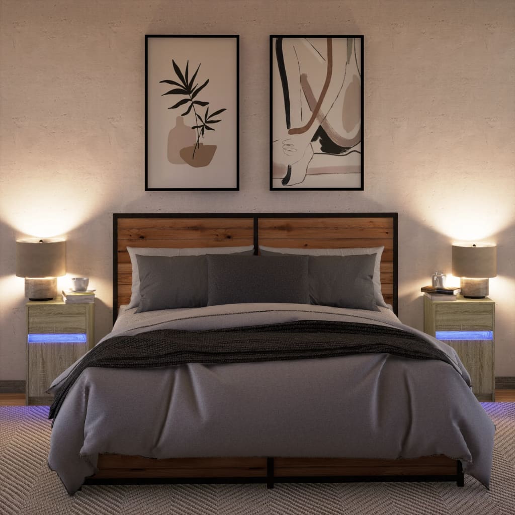 Κομοδίνα με Φώτα LED 2 τεμ. Sonoma Δρυς από Επεξεργασμένο Ξύλο - Pakobazaar