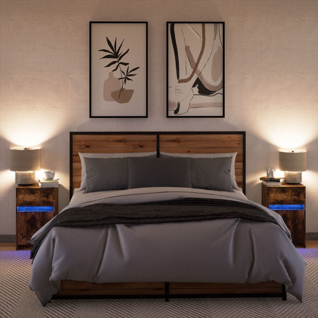 Κομοδίνα με Φώτα LED 2 τεμ. Καπνιστή Δρυς από Επεξεργ. Ξύλο - Pakobazaar