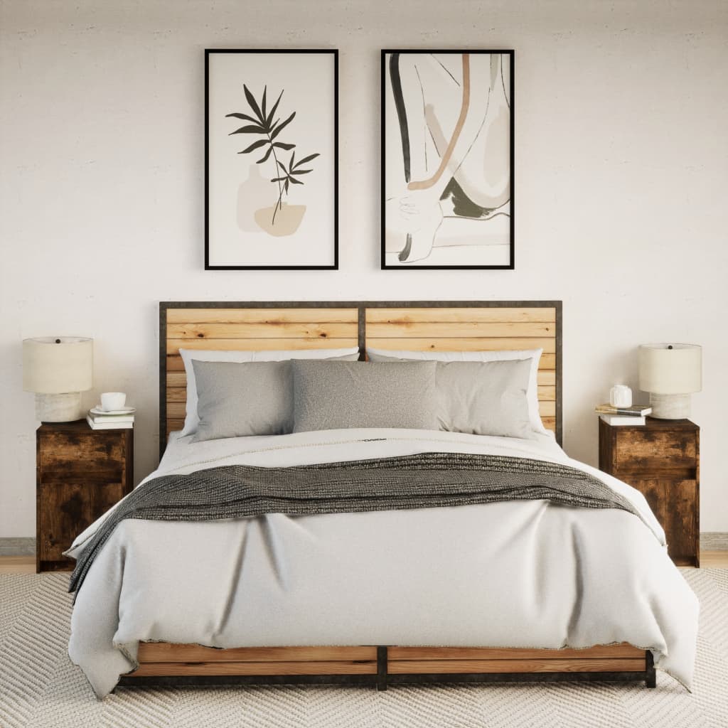 Κομοδίνα με Φώτα LED 2 τεμ. Καπνιστή Δρυς από Επεξεργ. Ξύλο - Pakobazaar