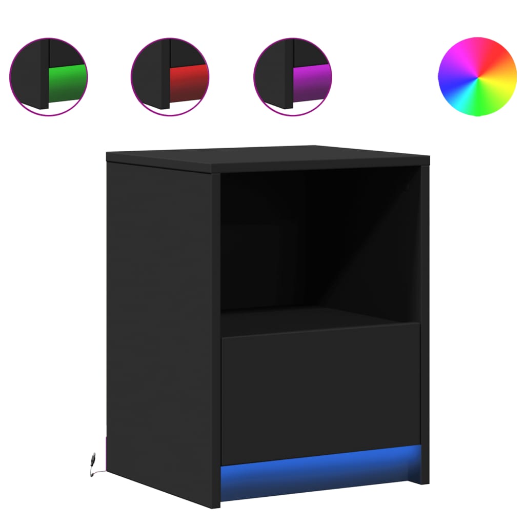 Κομοδίνα με Φώτα LED 2 τεμ. Μαύρα από Επεξεργασμένο Ξύλο - Pakobazaar