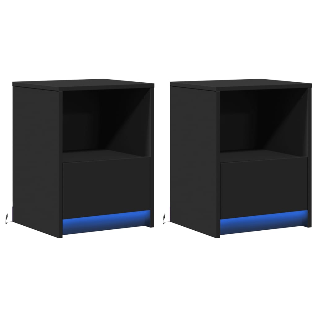 Κομοδίνα με Φώτα LED 2 τεμ. Μαύρα από Επεξεργασμένο Ξύλο - Pakobazaar