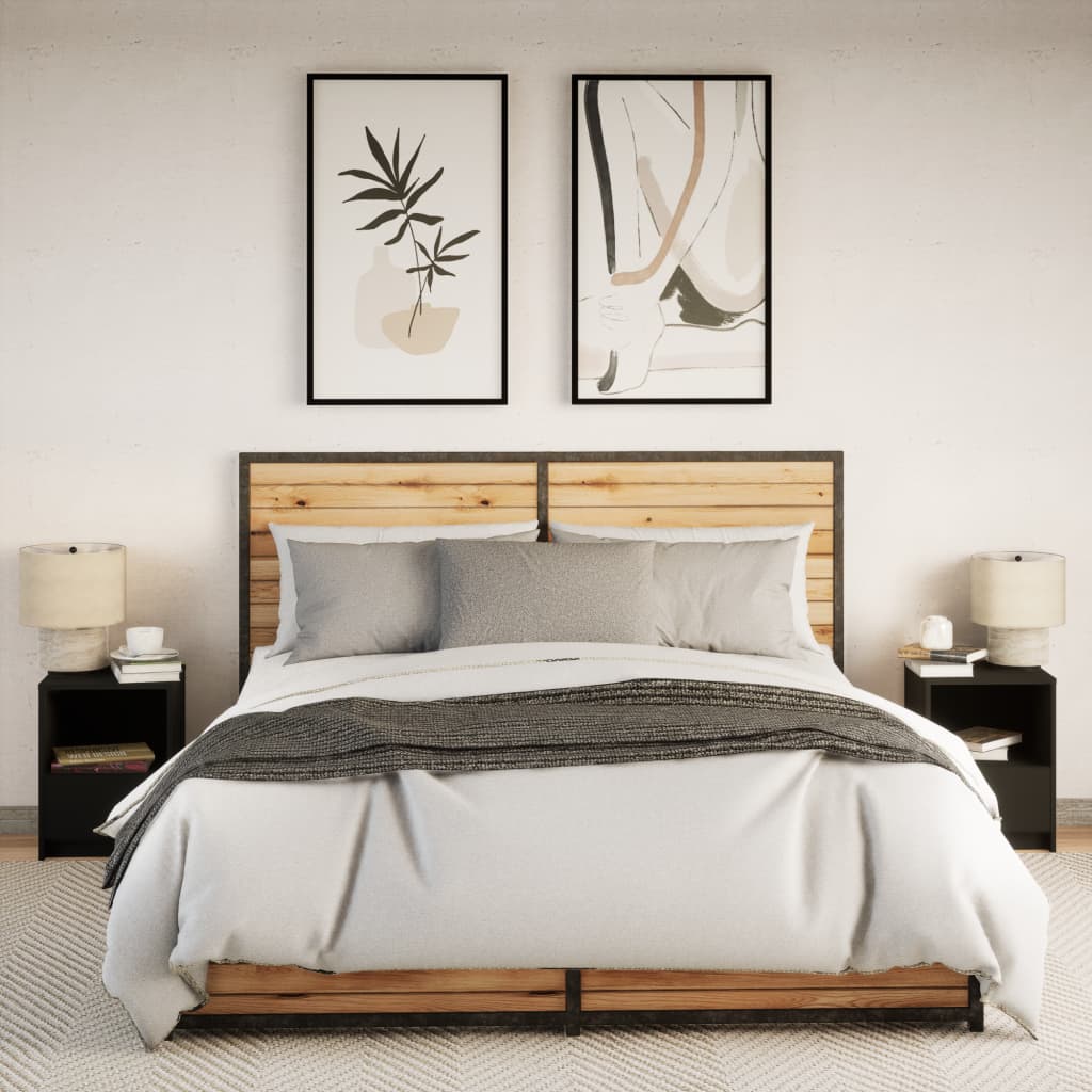 Κομοδίνα με Φώτα LED 2 τεμ. Μαύρα από Επεξεργασμένο Ξύλο - Pakobazaar