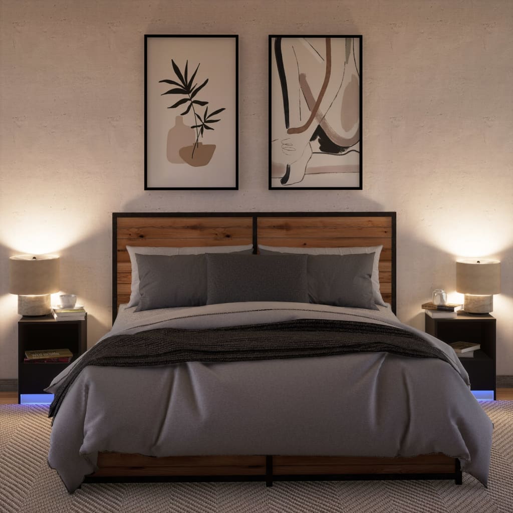 Κομοδίνα με Φώτα LED 2 τεμ. Μαύρα από Επεξεργασμένο Ξύλο - Pakobazaar