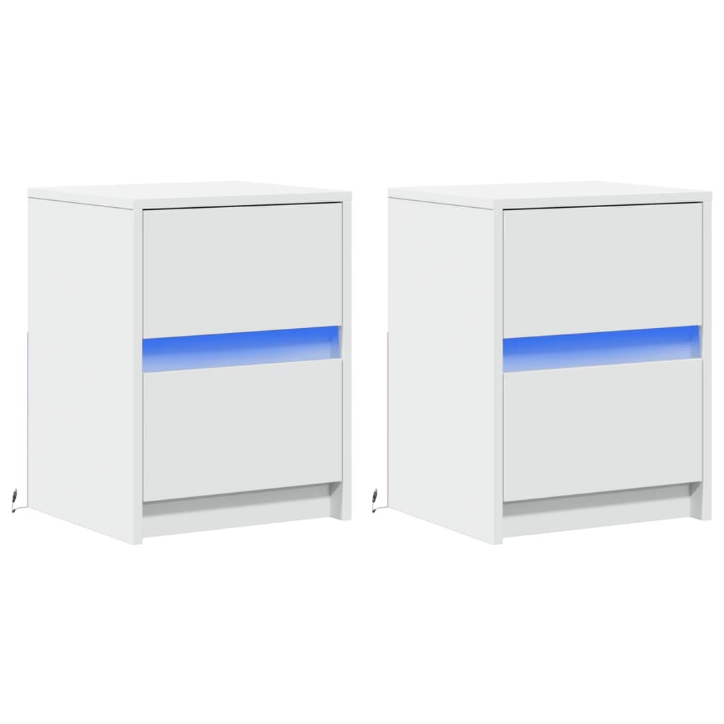 Κομοδίνα με Φώτα LED 2 τεμ. Λευκά από Επεξεργασμένο Ξύλο - Pakobazaar