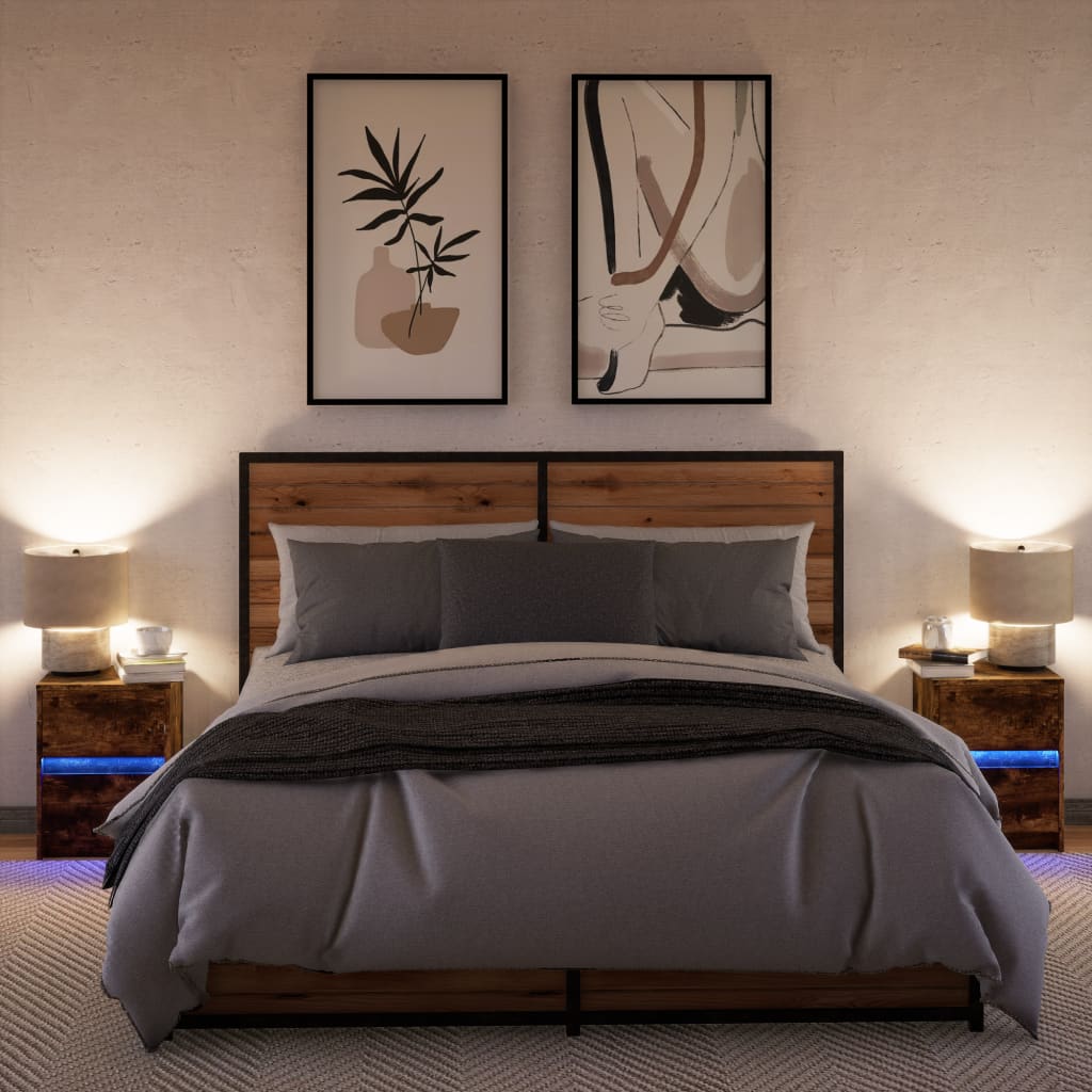 Κομοδίνα με Φώτα LED 2 τεμ. Καπνιστή Δρυς από Επεξεργ. Ξύλο - Pakobazaar