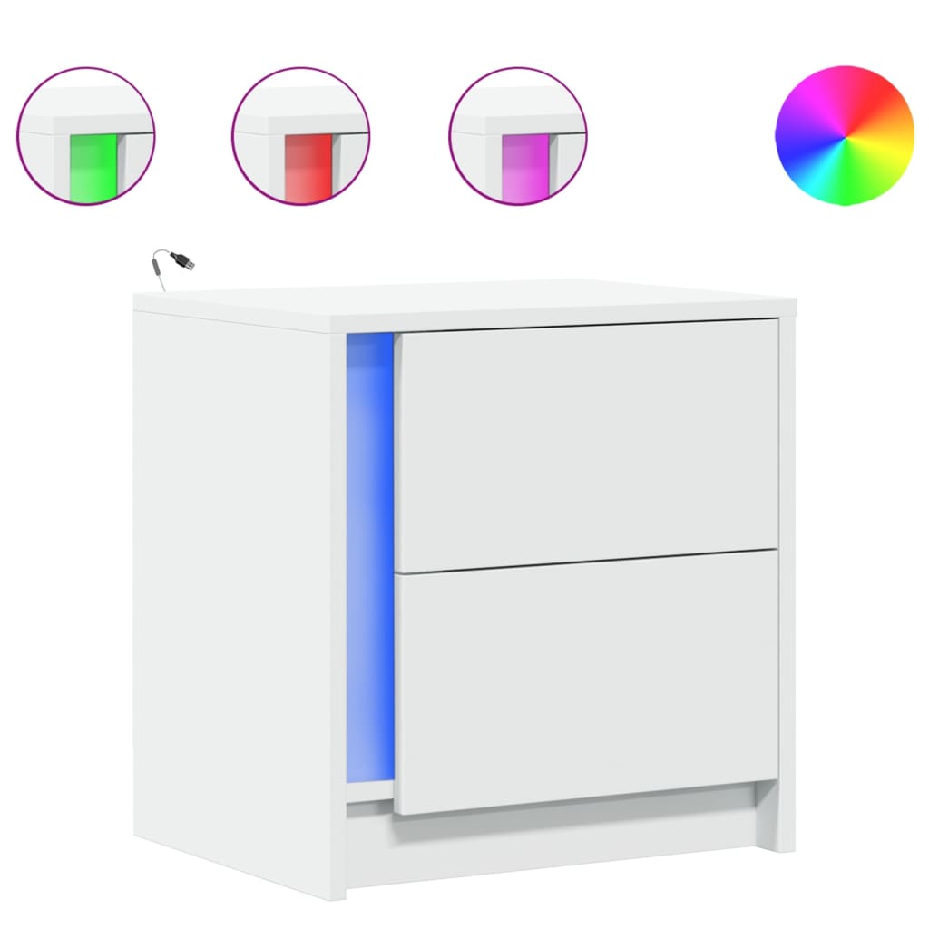 Κομοδίνο με Φώτα LED Λευκό από Επεξεργασμένο ξύλο - Pakobazaar