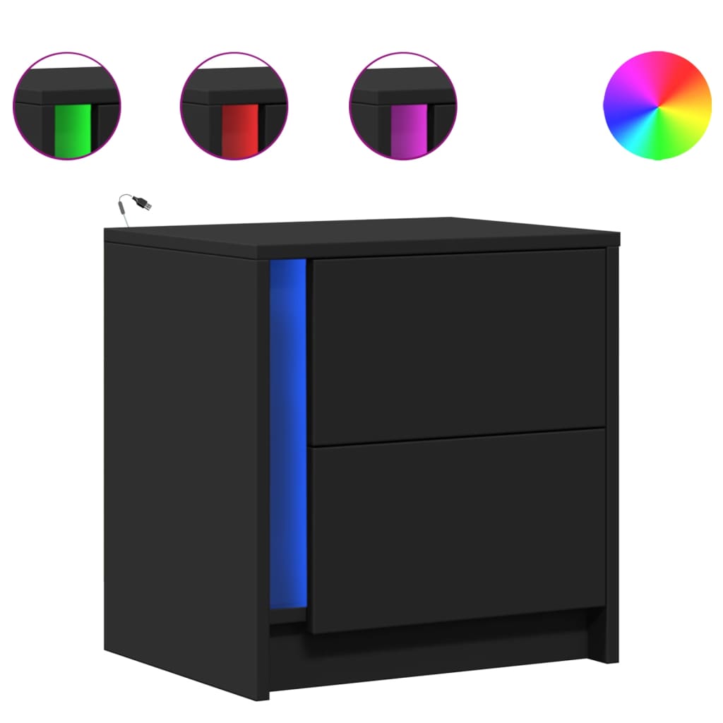 Κομοδίνα με Φώτα LED 2 τεμ. Μαύρα από Επεξεργασμένο Ξύλο - Pakobazaar