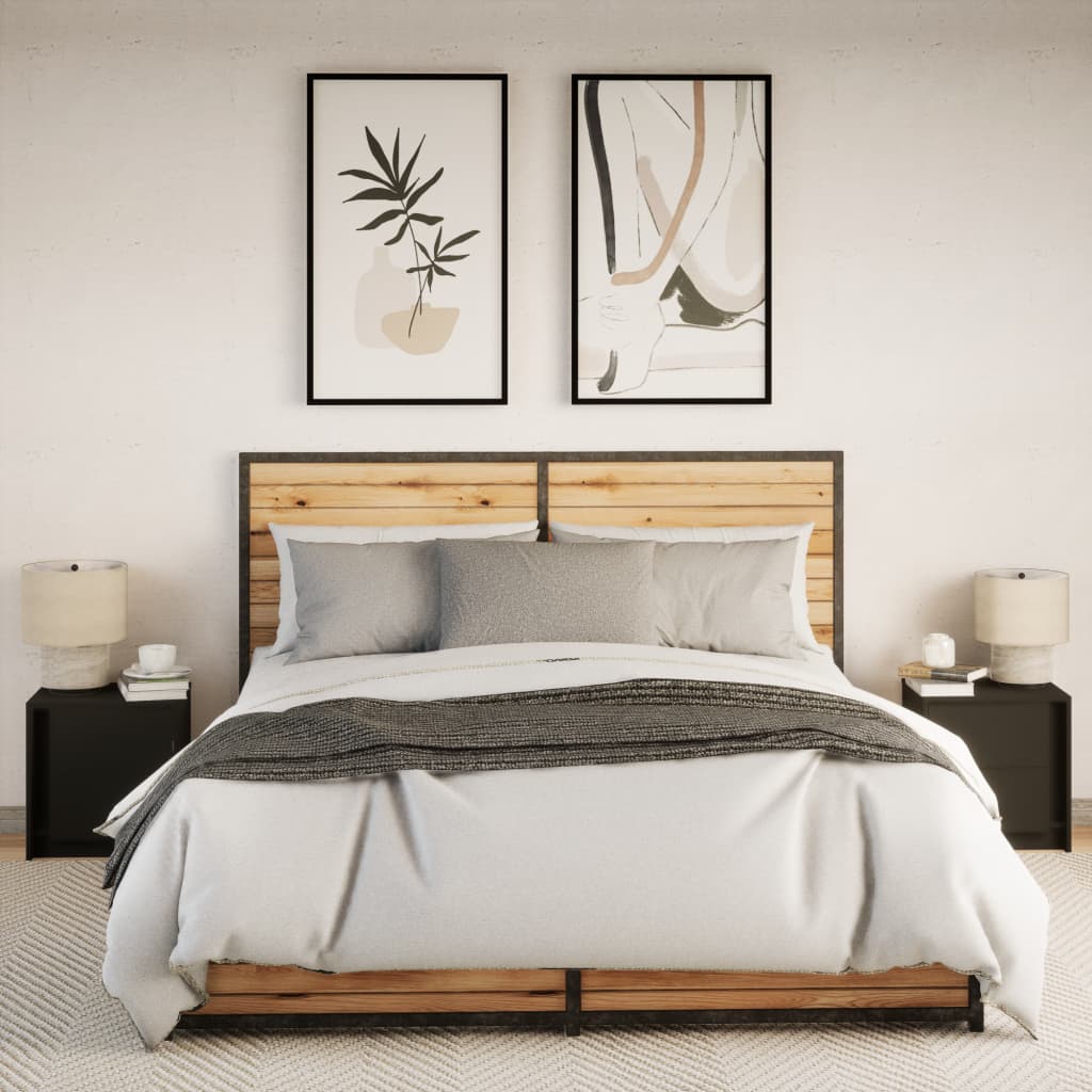 Κομοδίνα με Φώτα LED 2 τεμ. Μαύρα από Επεξεργασμένο Ξύλο - Pakobazaar