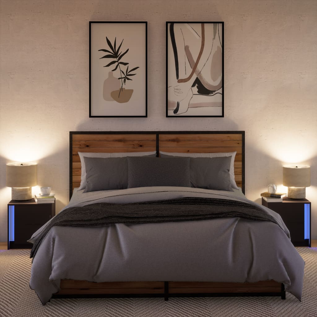 Κομοδίνα με Φώτα LED 2 τεμ. Μαύρα από Επεξεργασμένο Ξύλο - Pakobazaar