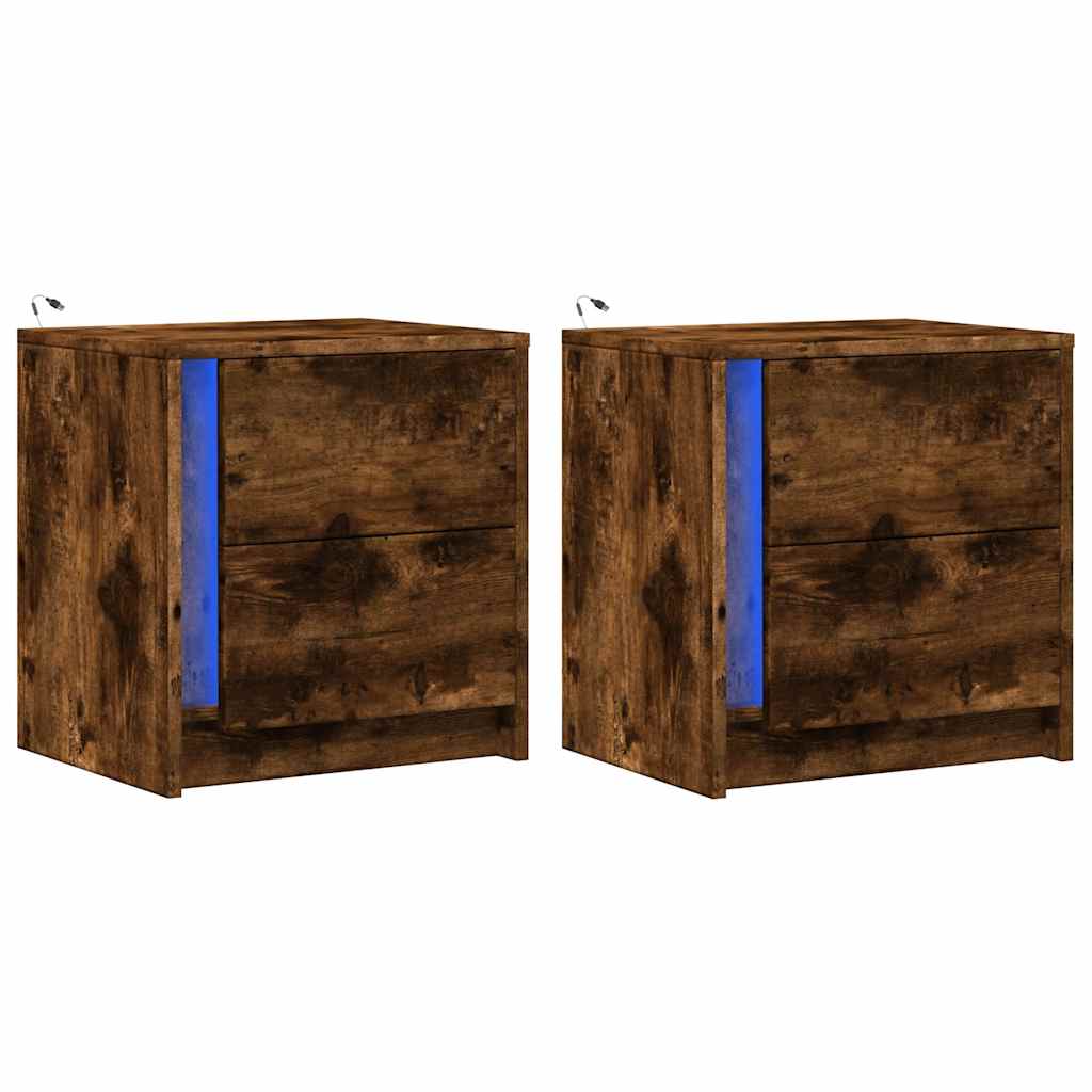 Κομοδίνα με Φώτα LED 2 τεμ. Καπνιστή Δρυς από Επεξεργ. Ξύλο - Pakobazaar