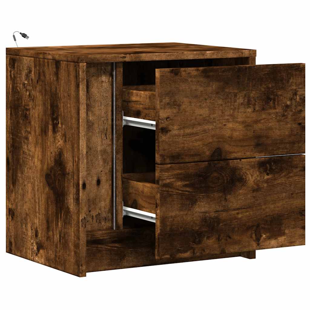 Κομοδίνα με Φώτα LED 2 τεμ. Καπνιστή Δρυς από Επεξεργ. Ξύλο - Pakobazaar