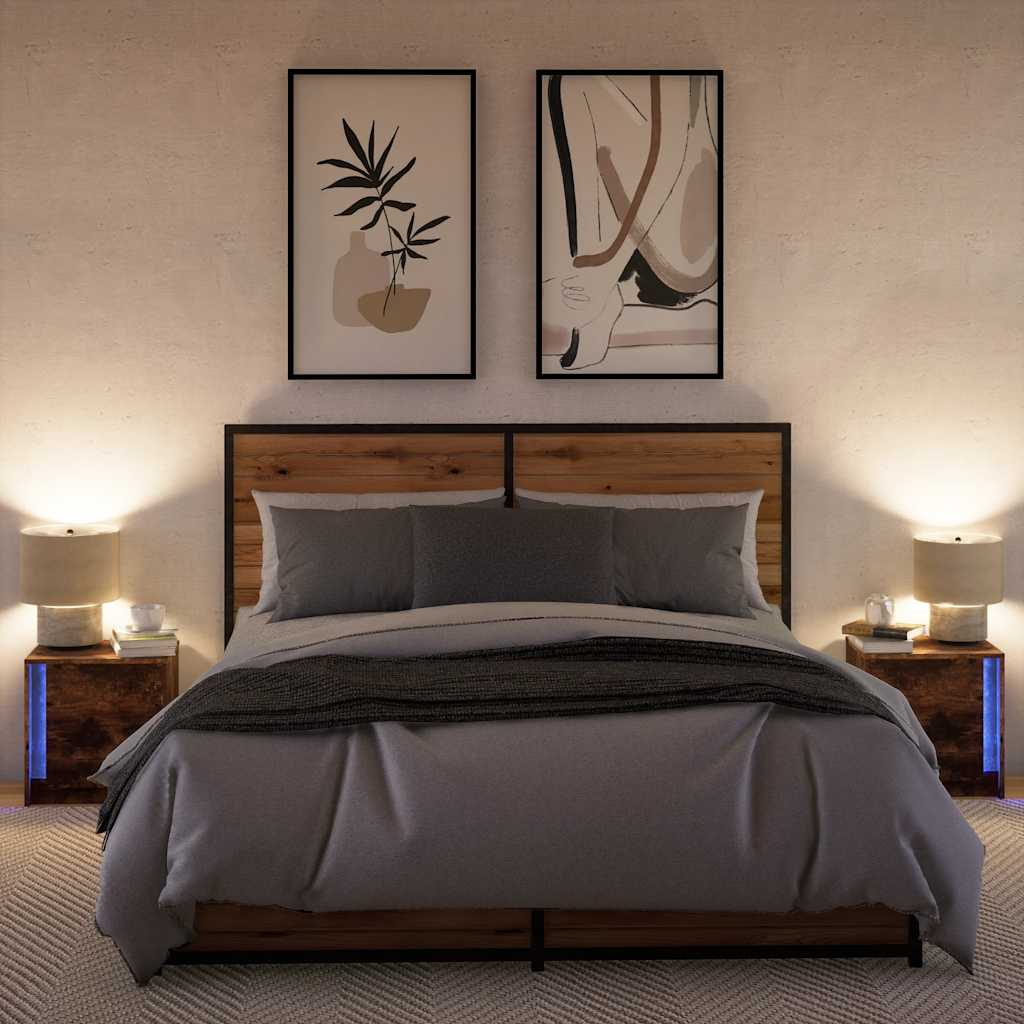 Κομοδίνα με Φώτα LED 2 τεμ. Καπνιστή Δρυς από Επεξεργ. Ξύλο - Pakobazaar