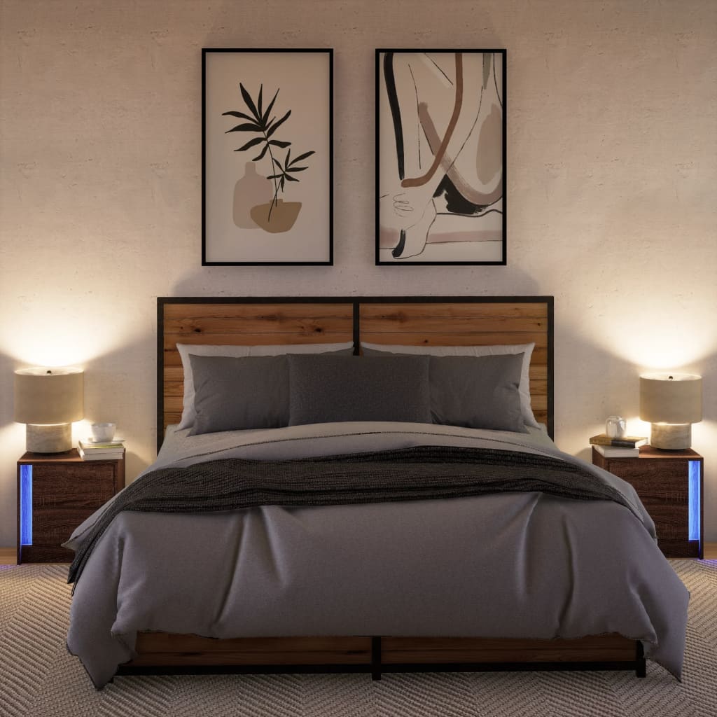 Κομοδίνα με Φώτα LED 2 τεμ. Καφέ Δρυς από Επεξεργασμένο Ξύλο - Pakobazaar