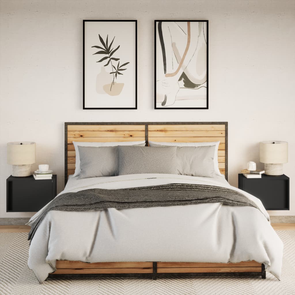 Κομοδίνα Επιτοίχια με Φώτα LED 2 τεμ. Μαύρα - Pakobazaar