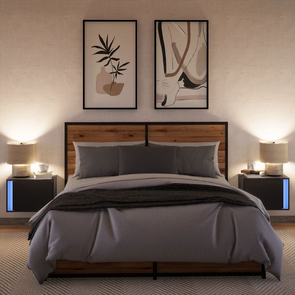 Κομοδίνα Επιτοίχια με Φώτα LED 2 τεμ. Μαύρα - Pakobazaar