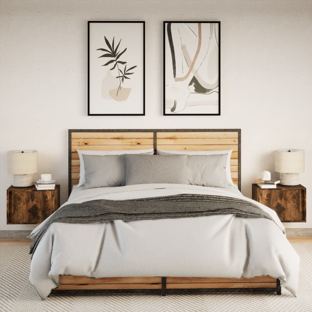 Κομοδίνα Επιτοίχια με Φώτα LED 2 τεμ. Καπνιστή Δρυς - Pakobazaar