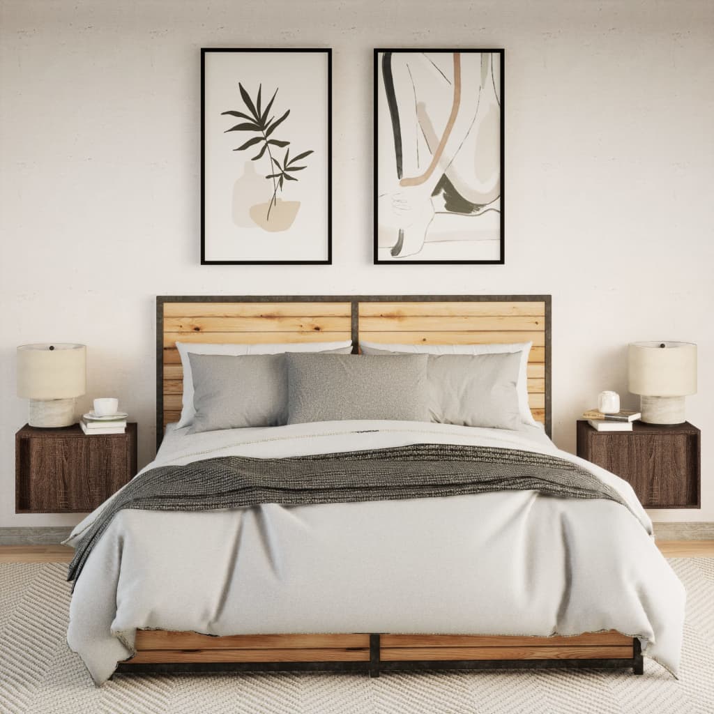 Κομοδίνα Επιτοίχια με Φώτα LED 2 τεμ. Καφέ Δρυς - Pakobazaar