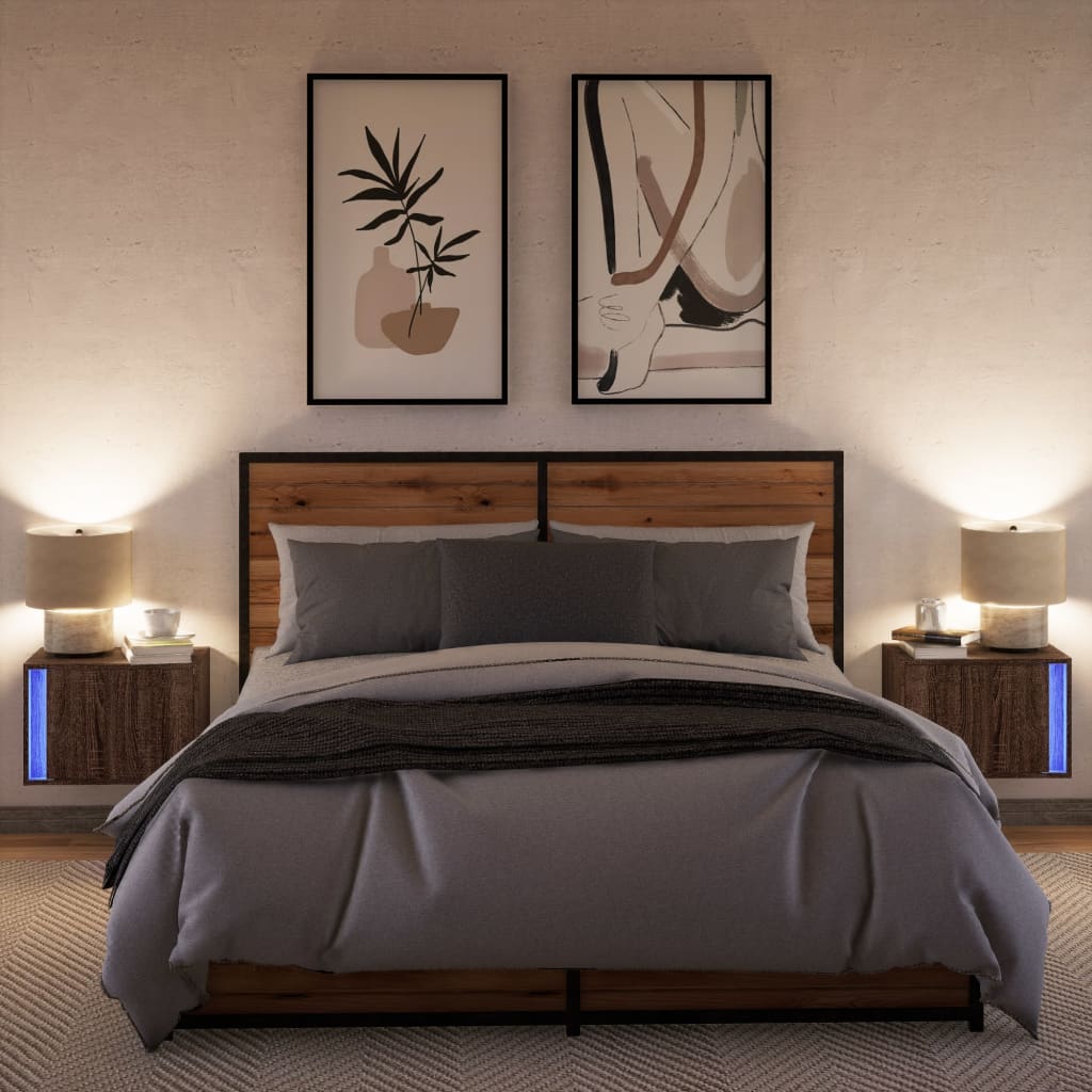 Κομοδίνα Επιτοίχια με Φώτα LED 2 τεμ. Καφέ Δρυς - Pakobazaar