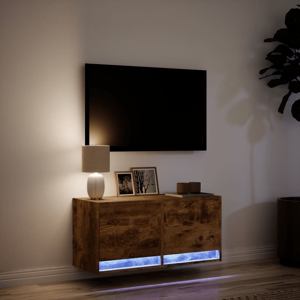 Έπιπλο Τοίχου Τηλεόρασης με LED Καπνιστή Δρυς 80x31x38 εκ. - Pakobazaar