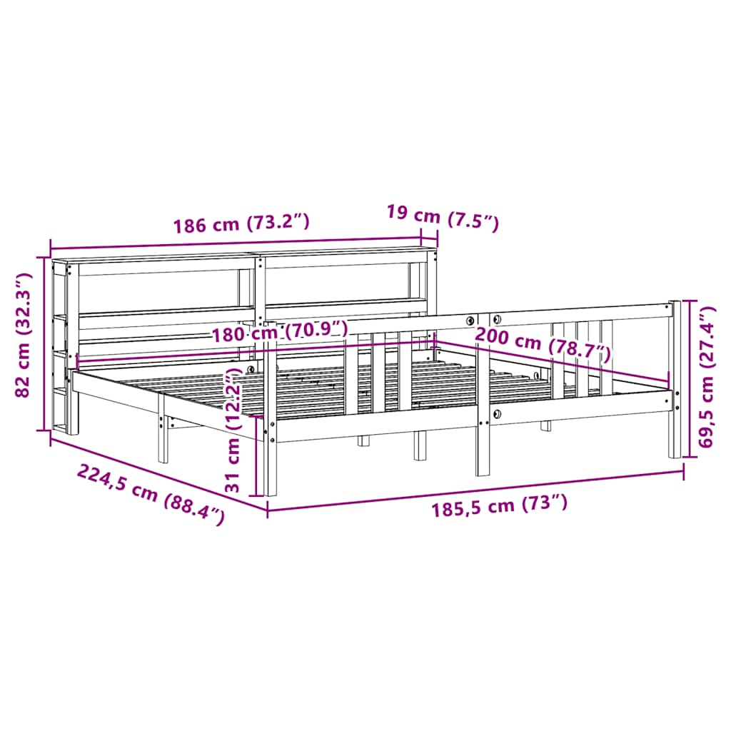 Πλαίσιο Κρεβατιού με Κεφαλάρι 180x200 εκ. από Μασίφ Ξύλο Πεύκου