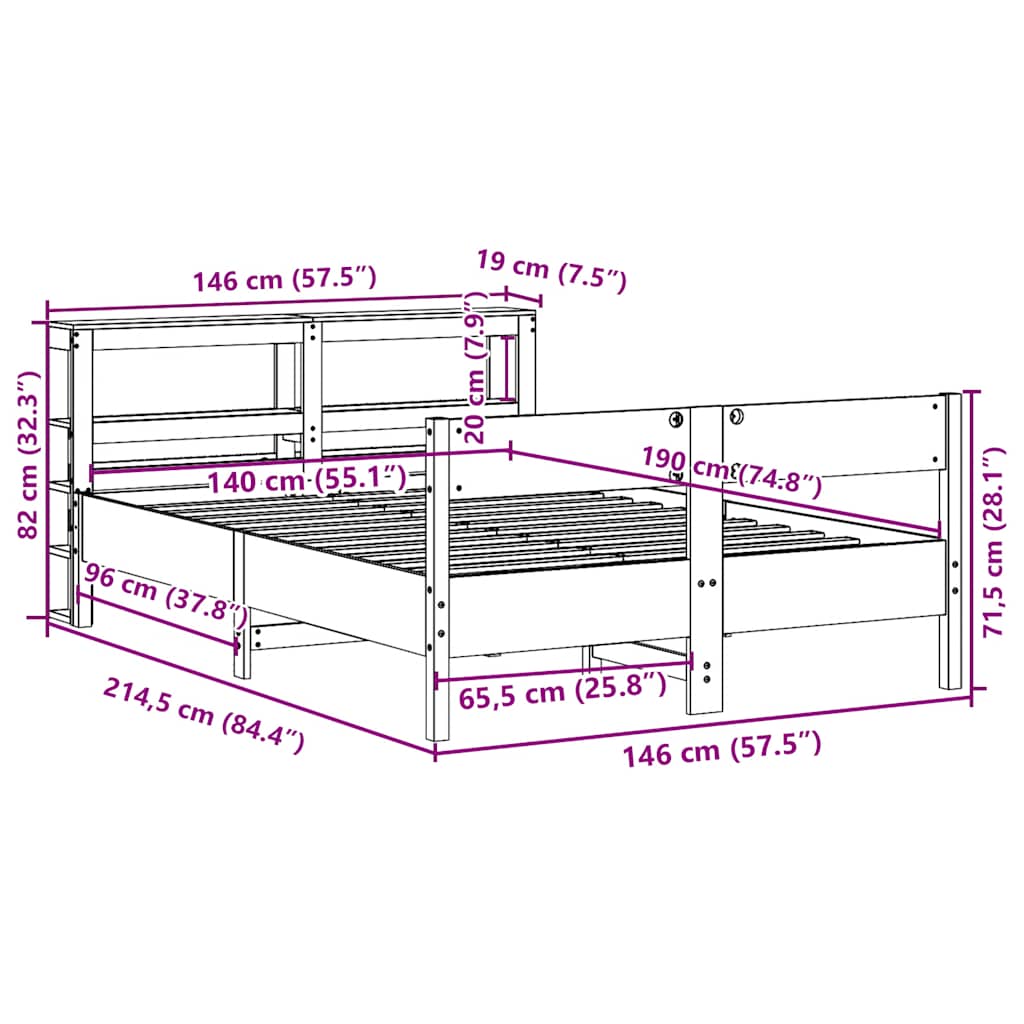 Σκελετός Κρεβατιού Χωρίς Στρώμα Καφέ 140x190 Μασίφ Ξύλο Πεύκου