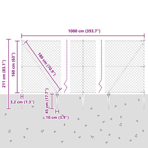 Περίφραξη με Σπίθες 10 x 1,6 m Γαλβανισμένος Χάλυβας Ασημί