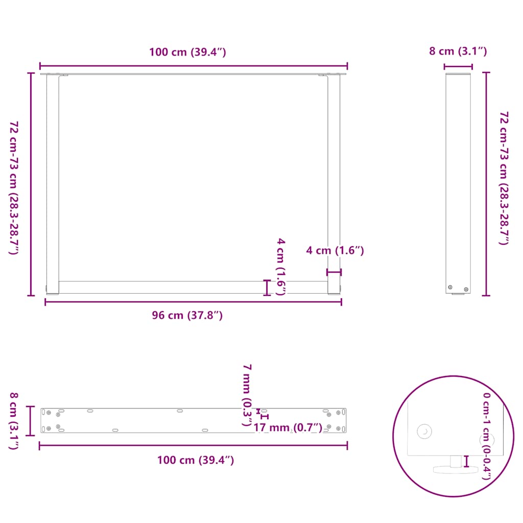 Πόδια Τραπεζαρίας σε Σχήμα U 3 τεμ. Ανθρακί 100x(72-73) εκ. Ατσάλι