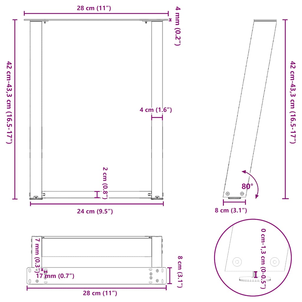 Πόδια Τραπεζιού Σαλονιού σε Σχήμα U 2 τεμ. Ανθρακί 28x(42-43) εκ. Ατσάλι