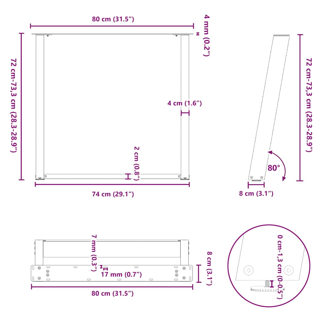 Πόδια Τραπεζαρίας σε Σχήμα U 2 τεμ. Ανθρακί 80x(72-73) εκ. Ατσάλι