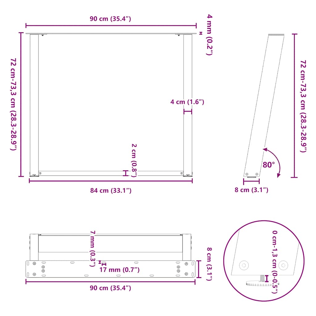 Πόδια Τραπεζαρίας σε Σχήμα U 2 τεμ. Ανθρακί 90x(72-73) εκ. Ατσάλι