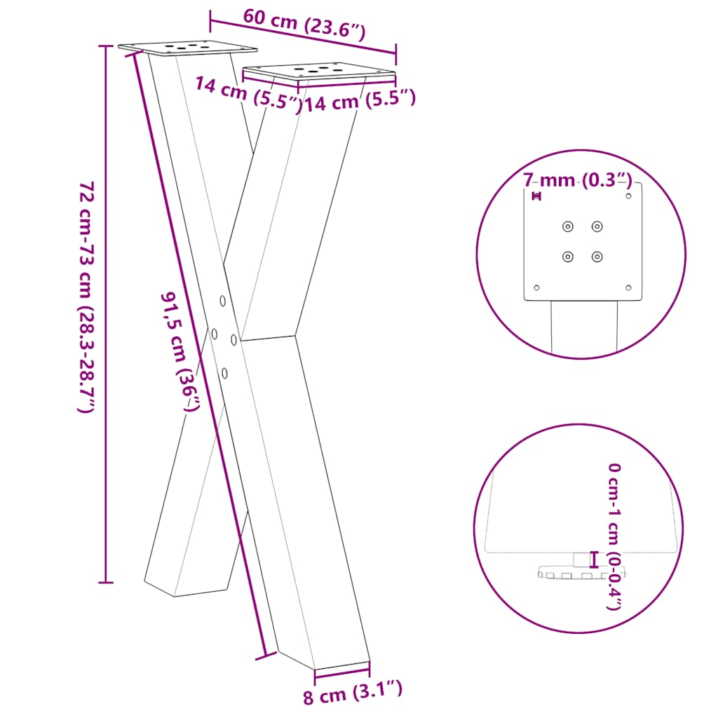 Πόδια Τραπεζαρίας σε Σχήμα Χ, 2 τεμ. Ανθρακί 60x(72-73) εκ. Ατσάλι