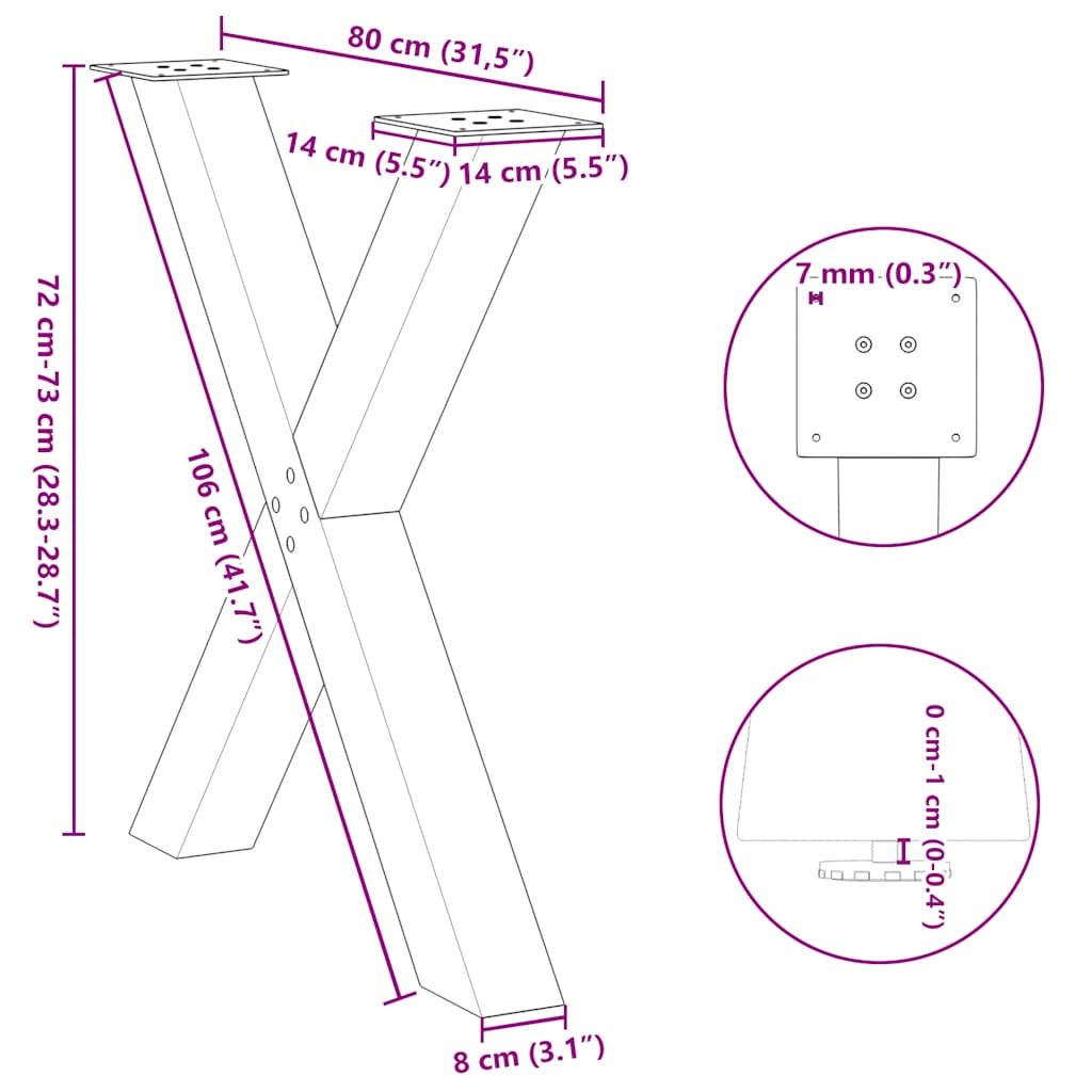 Πόδια Τραπεζαρίας σε Σχήμα Χ 3 τεμ. Μαύρο 80x(72-73) εκ. Ατσάλι