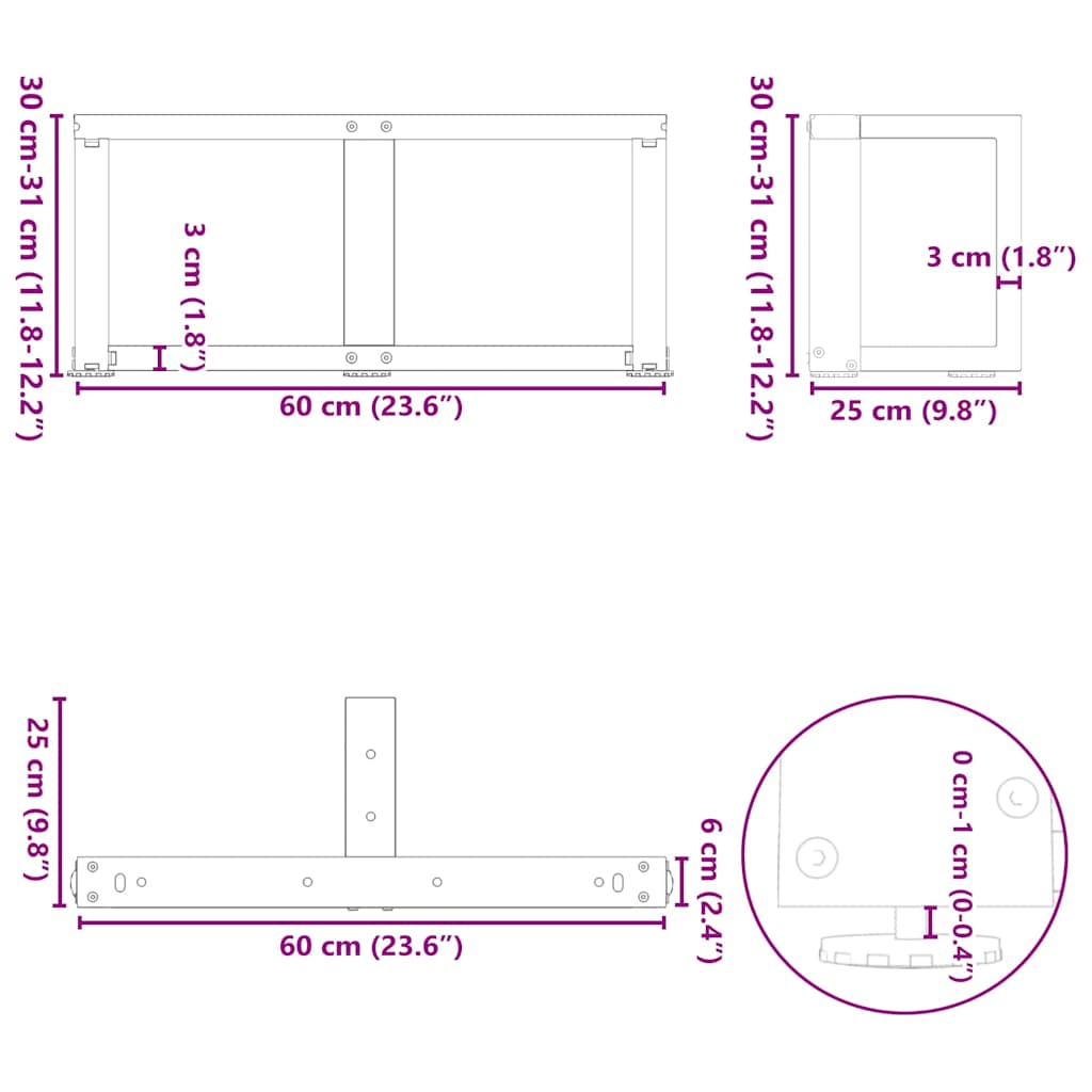Πόδια Τραπεζιού Σαλονιού σε Σχήμα Τ, 2 τεμ. Μαύρο, Ατσάλι 60x25x(30-31) εκ.