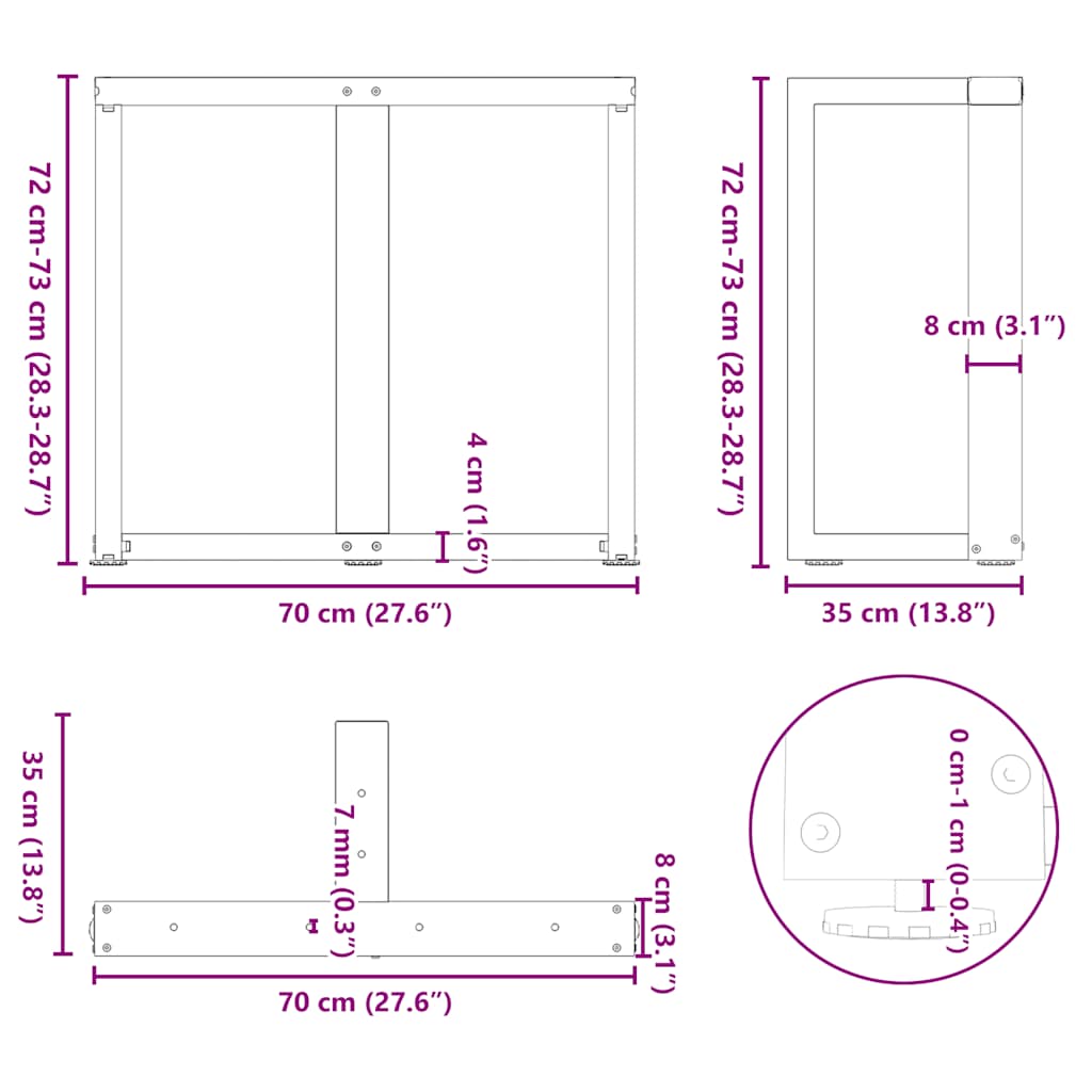 Πόδια Τραπεζαρίας σε Σχήμα Τ, 2 τεμ. Μαύρο 70x35x(72-73) εκ. Ατσάλι