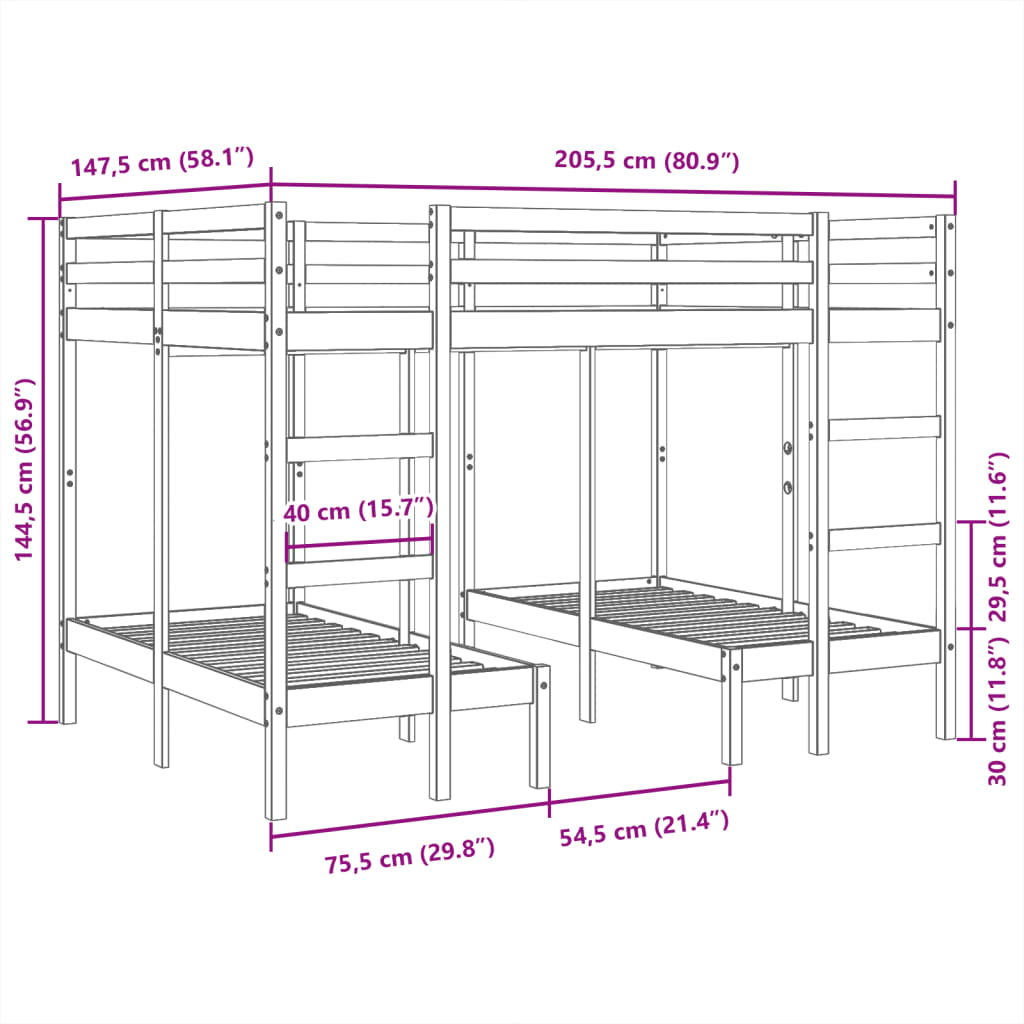 Σκελετός Τριπλής Κουκέτας Λευκός 140x200/70x140 εκ. Μασίφ Πεύκο