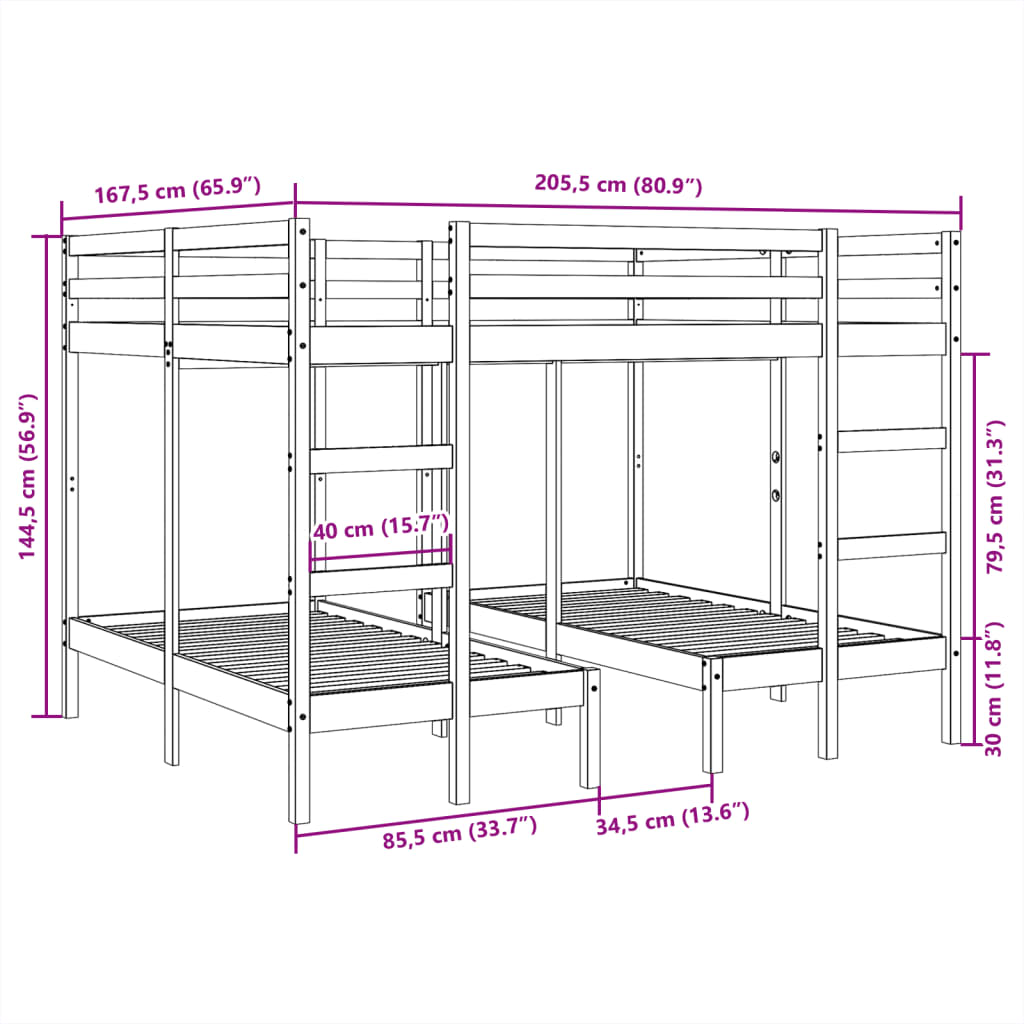 Σκελετός Τριπλής Κουκέτας Καφέ 160x200/80x160 εκ. Μασίφ Πεύκο