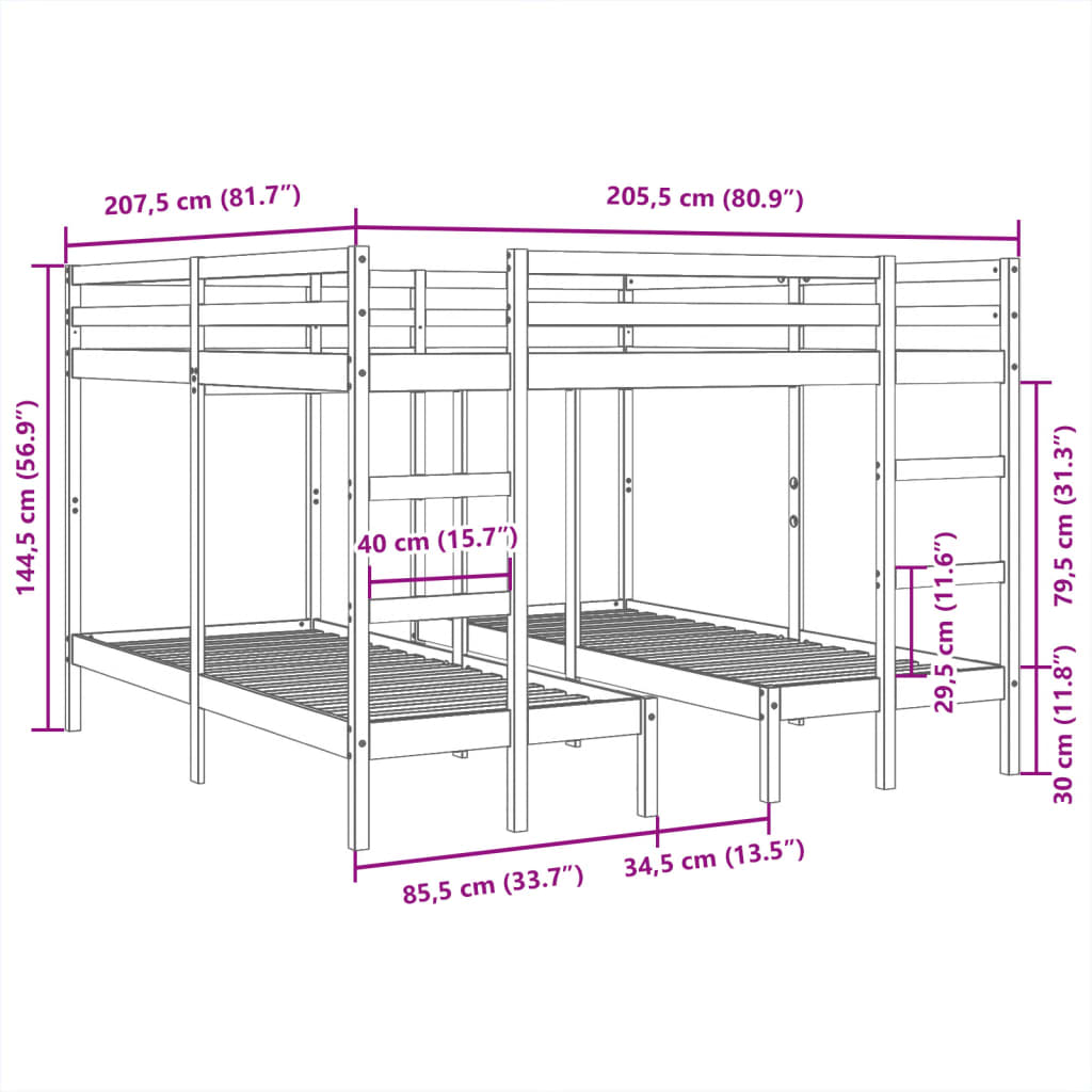 Σκελετός Τριπλής Κουκέτας 200x200/80x200 εκ. Μασίφ Πεύκο - Pakobazaar